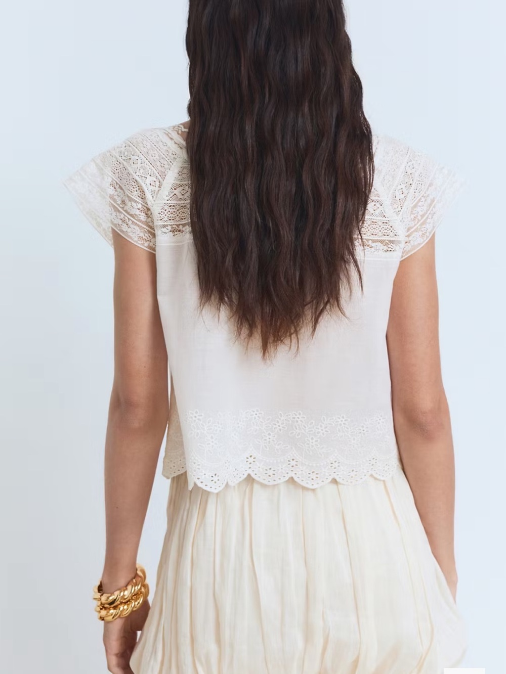 Mango NWT Cotton Lace Eyelet Scallop Delicate Cream Button Front Blouse Doen - Picture 3 of 12